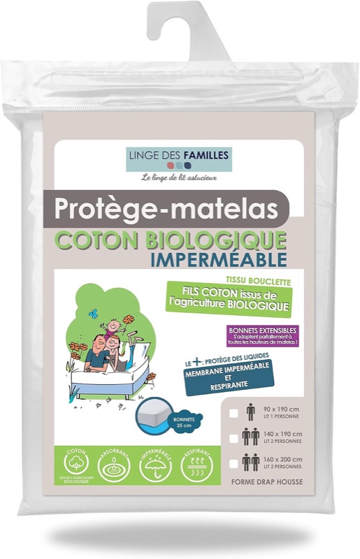 Protège-matelas imperméable en coton biologique Linge des Familles dans son emballage