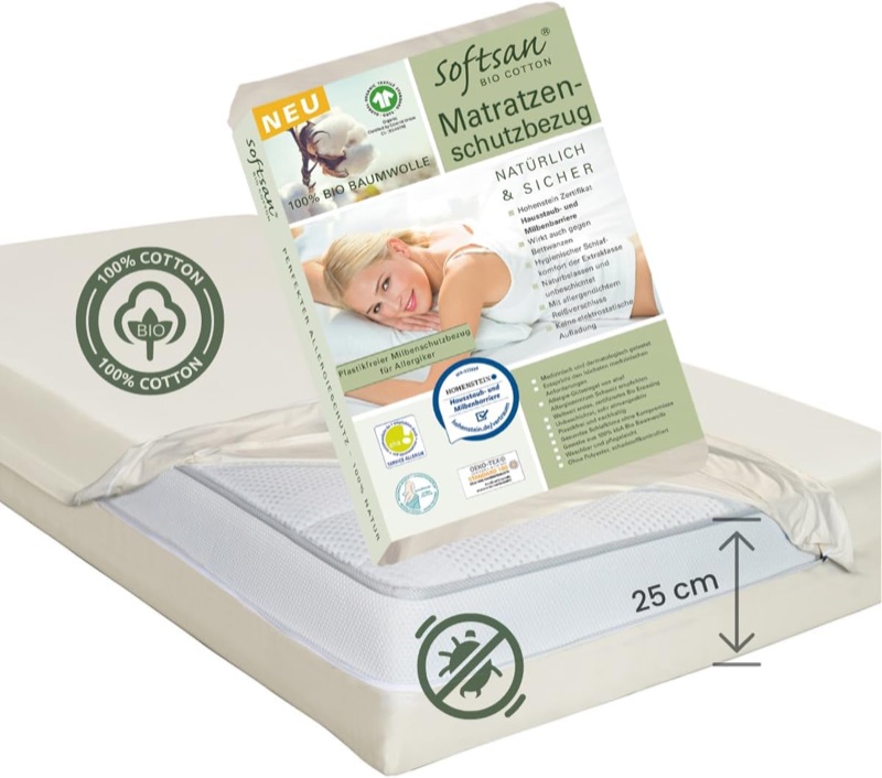 Softsan Matratzen-Encasing aus Bio-Baumwolle mit Verpackung auf einer Matratze