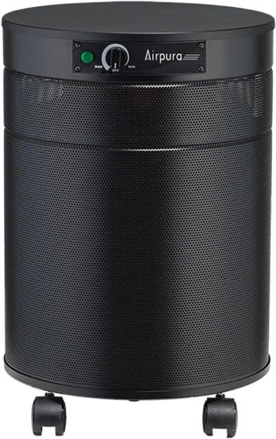 Airpura F600 black cylindrical steel air purifier on casters